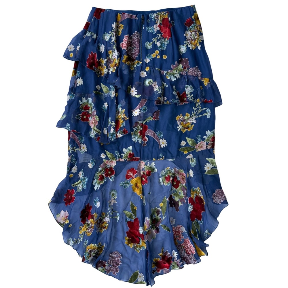 ALICE + OLIVIA Alice Mariel Asymmetrical Ruffle Skirt Tiered Floral Navy, Size 6 - Picture 2 of 8
